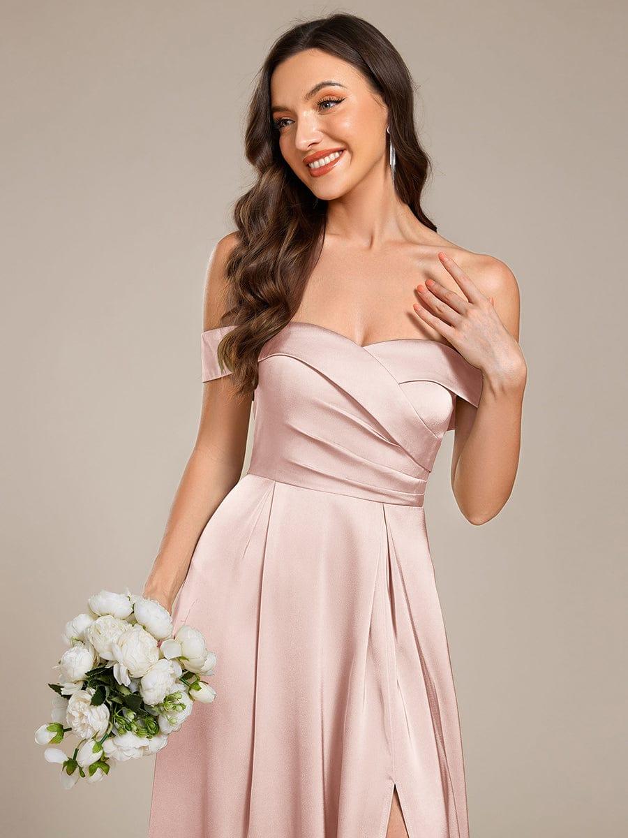 Off Shoulder Ruched Lace-up Back Satin Bridesmaid Dress #color_Pink