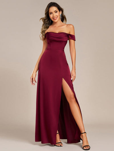 Off Shoulder Back-Tie Satin Bridesmaid Dress #color_Burgundy