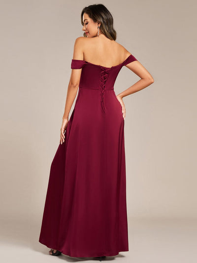 Off Shoulder Back-Tie Satin Wedding Guest Dress #color_Burgundy