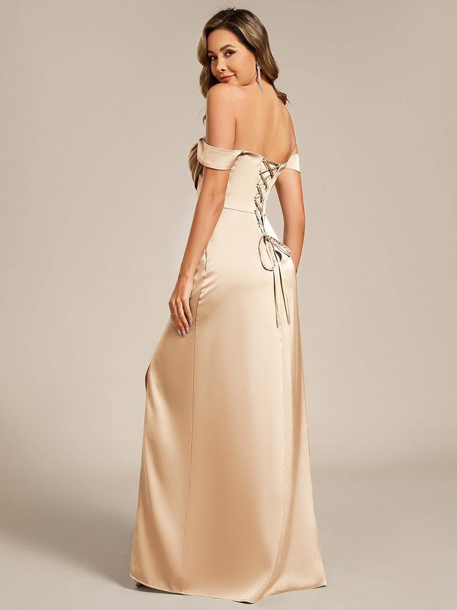 Off Shoulder Back-Tie Satin Wedding Guest Dress #color_Champagne