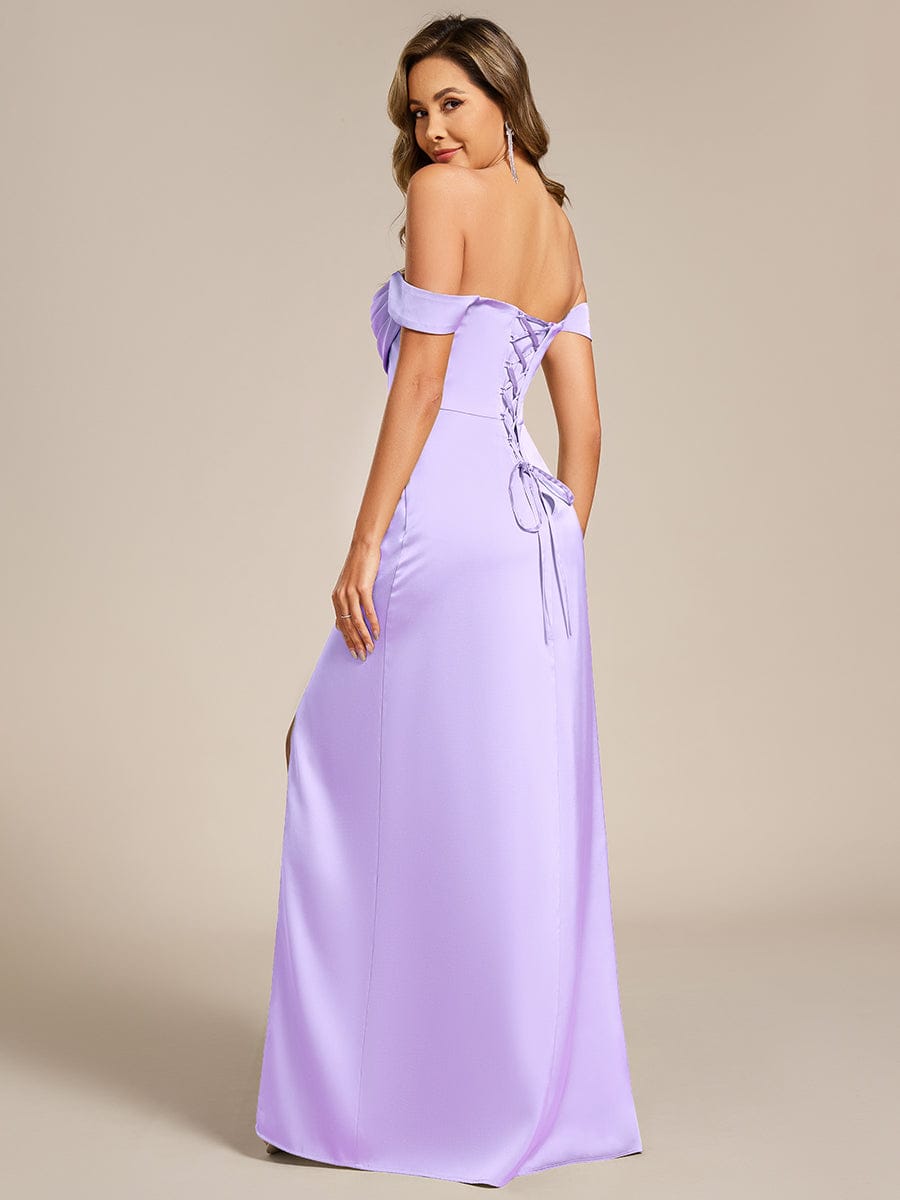 Off Shoulder Back-Tie Satin Bridesmaid Dress #color_Frosted Lilac
