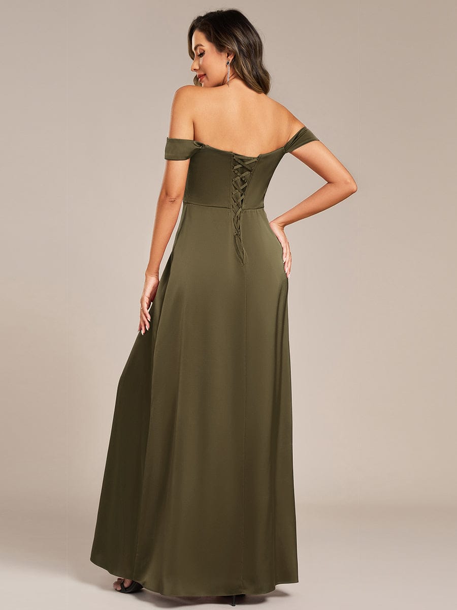 Off Shoulder Back-Tie Satin Wedding Guest Dress #color_Olive Green