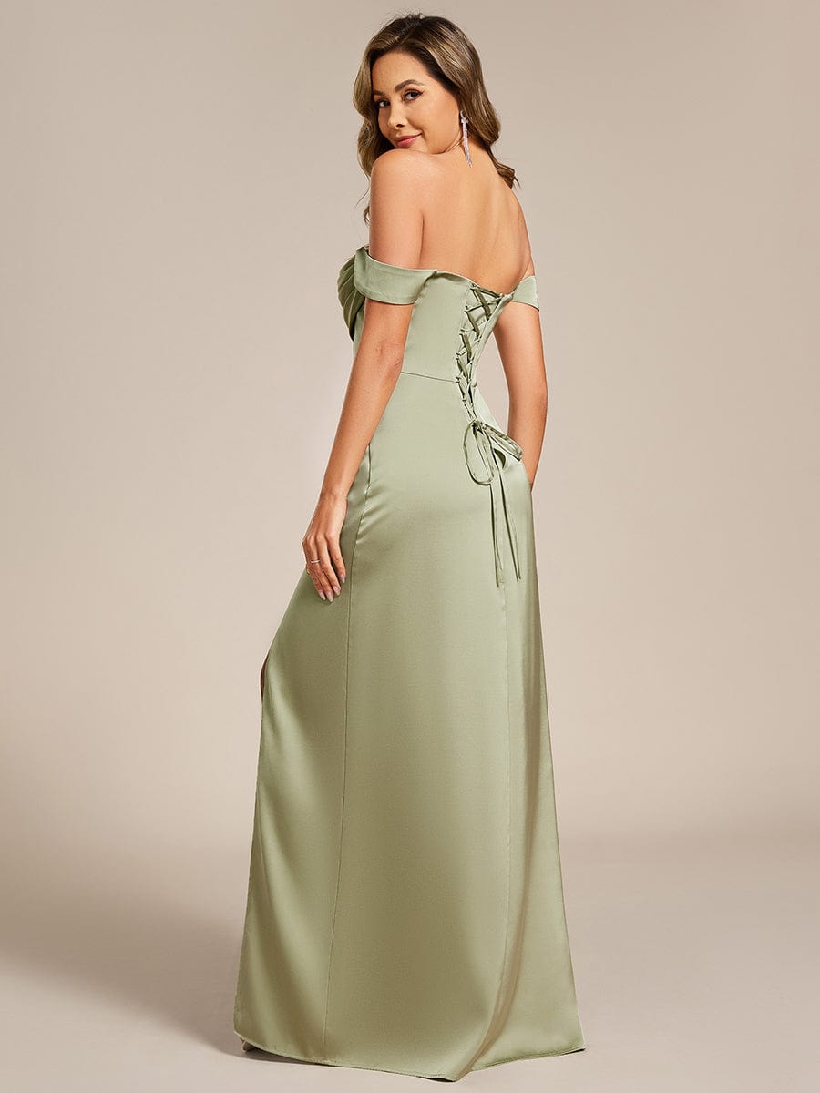 Off Shoulder Back-Tie Satin Bridesmaid Dress #color_Sage Green