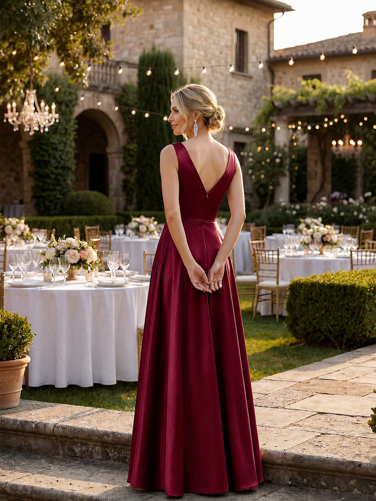 Sleeveless Empire Waist Satin Maxi Bridesmaid Dress With Pockets #color_Burgundy