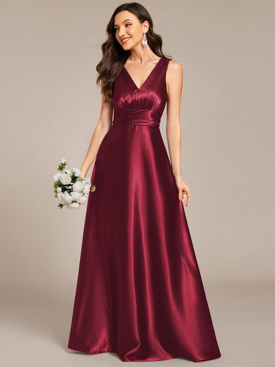 Sleeveless Empire Waist Satin Maxi Bridesmaid Dress With Pockets #color_Burgundy