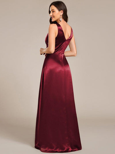 Sleeveless Empire Waist Satin Maxi Bridesmaid Dress With Pockets #color_Burgundy