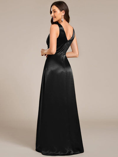 Sleeveless Empire Waist Satin Maxi Bridesmaid Dress With Pockets #color_Black