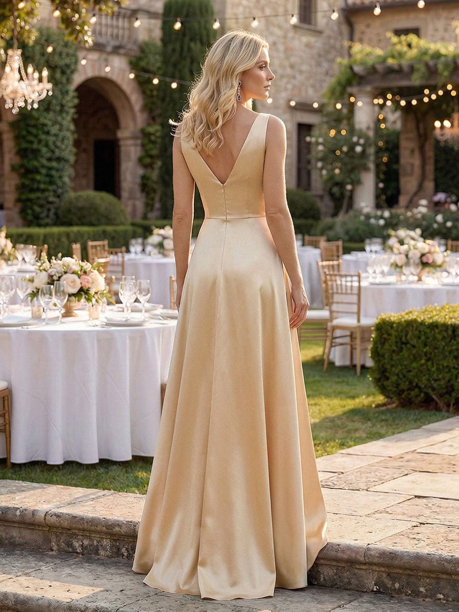 Sleeveless Empire Waist Satin Maxi Bridesmaid Dress With Pockets #color_Champagne