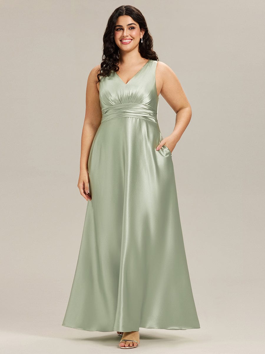 Sleeveless Empire Waist Satin Maxi Bridesmaid Dress With Pockets #color_Mint Green