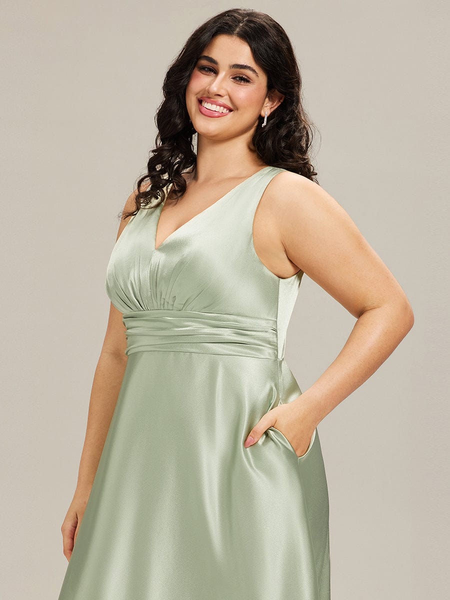 Sleeveless Empire Waist Satin Maxi Bridesmaid Dress With Pockets #color_Mint Green