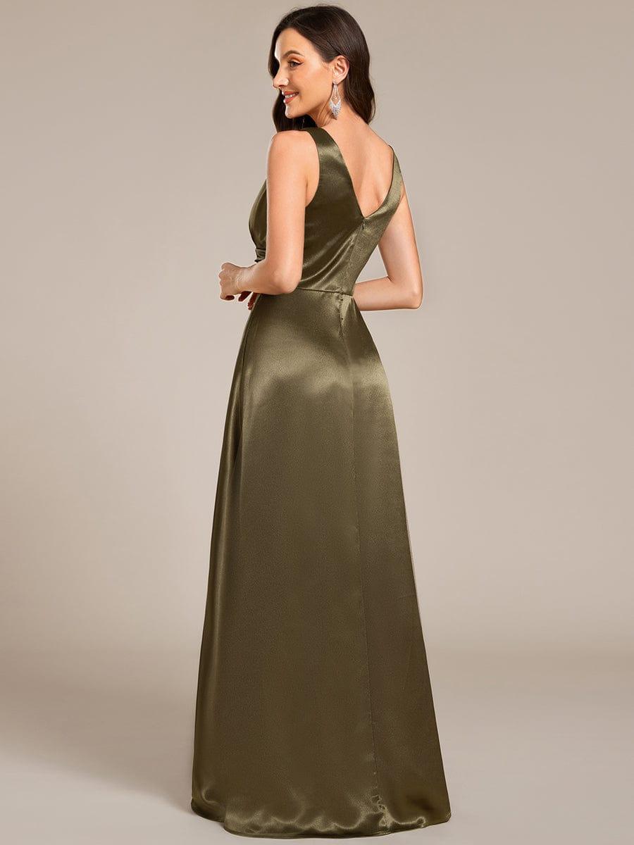 Sleeveless Empire Waist Satin Maxi Bridesmaid Dress With Pockets #color_Olive Green