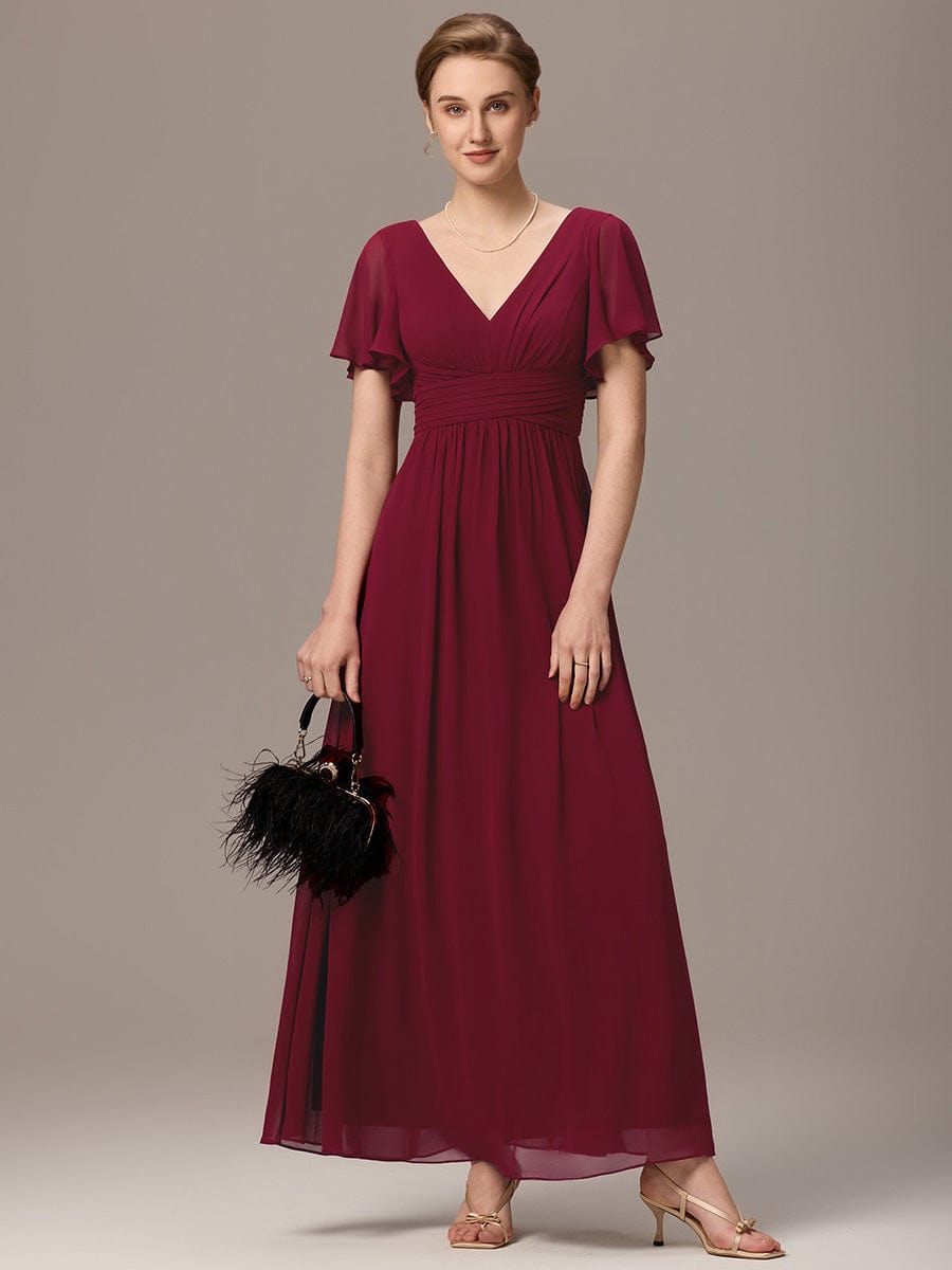 V-neck Lace-up Back Chiffon Maxi Bridesmaid Dress #color_Burgundy