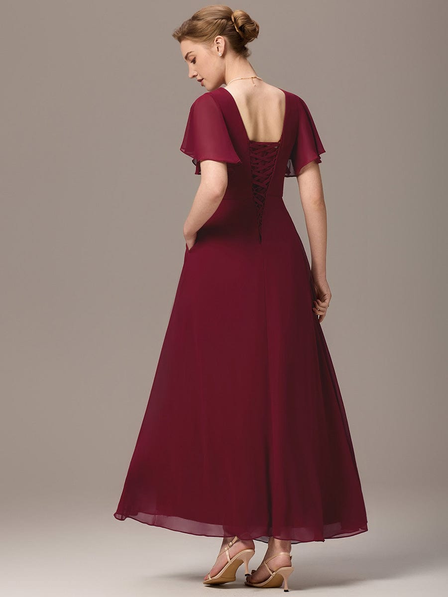 V-neck Lace-up Back Chiffon Maxi Bridesmaid Dress #color_Burgundy