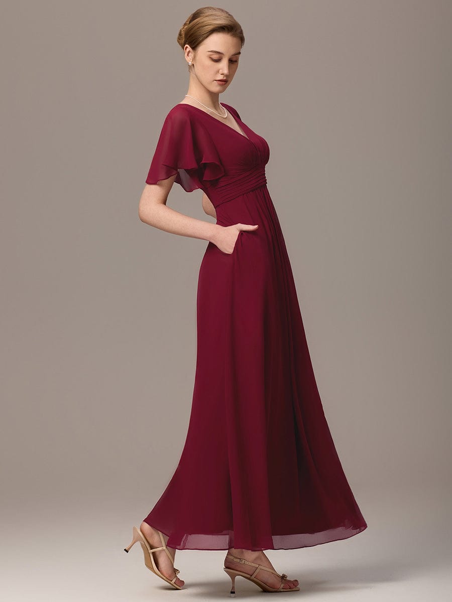 V-neck Lace-up Back Chiffon Maxi Bridesmaid Dress #color_Burgundy