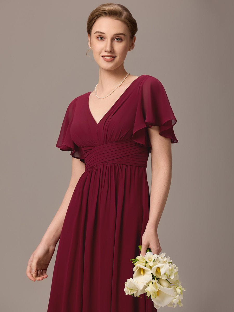 V-neck Lace-up Back Chiffon Maxi Bridesmaid Dress #color_Burgundy