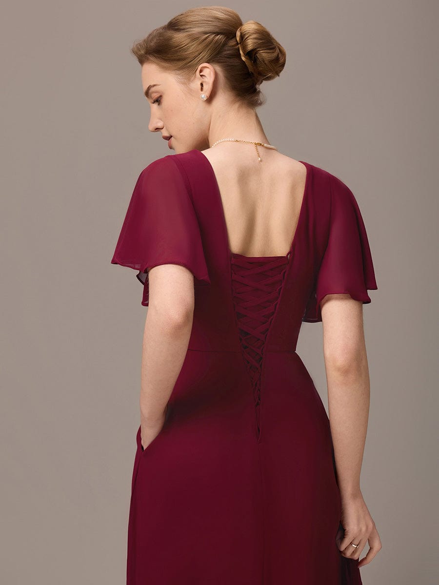 V-neck Lace-up Back Chiffon Maxi Bridesmaid Dress #color_Burgundy