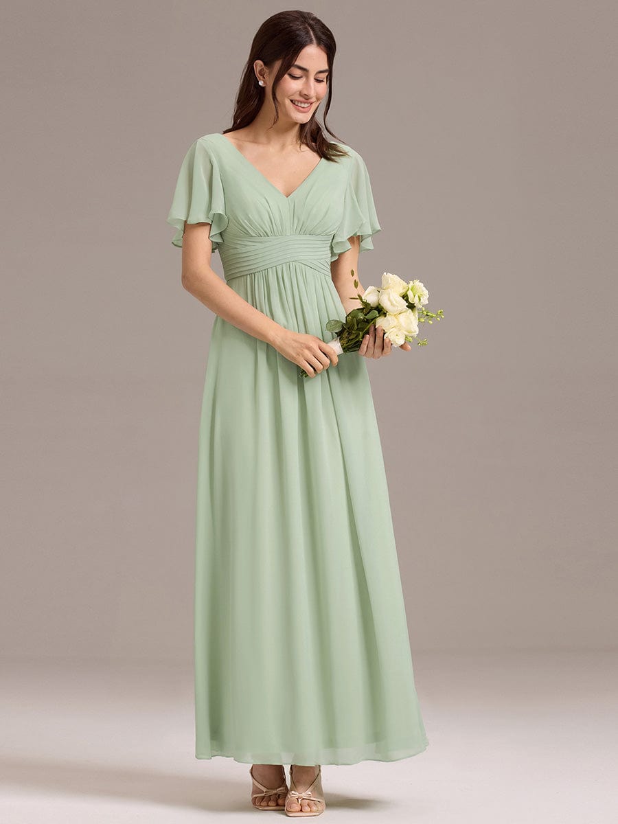 V-neck Lace-up Back Chiffon Maxi Bridesmaid Dress #color_Mint Green