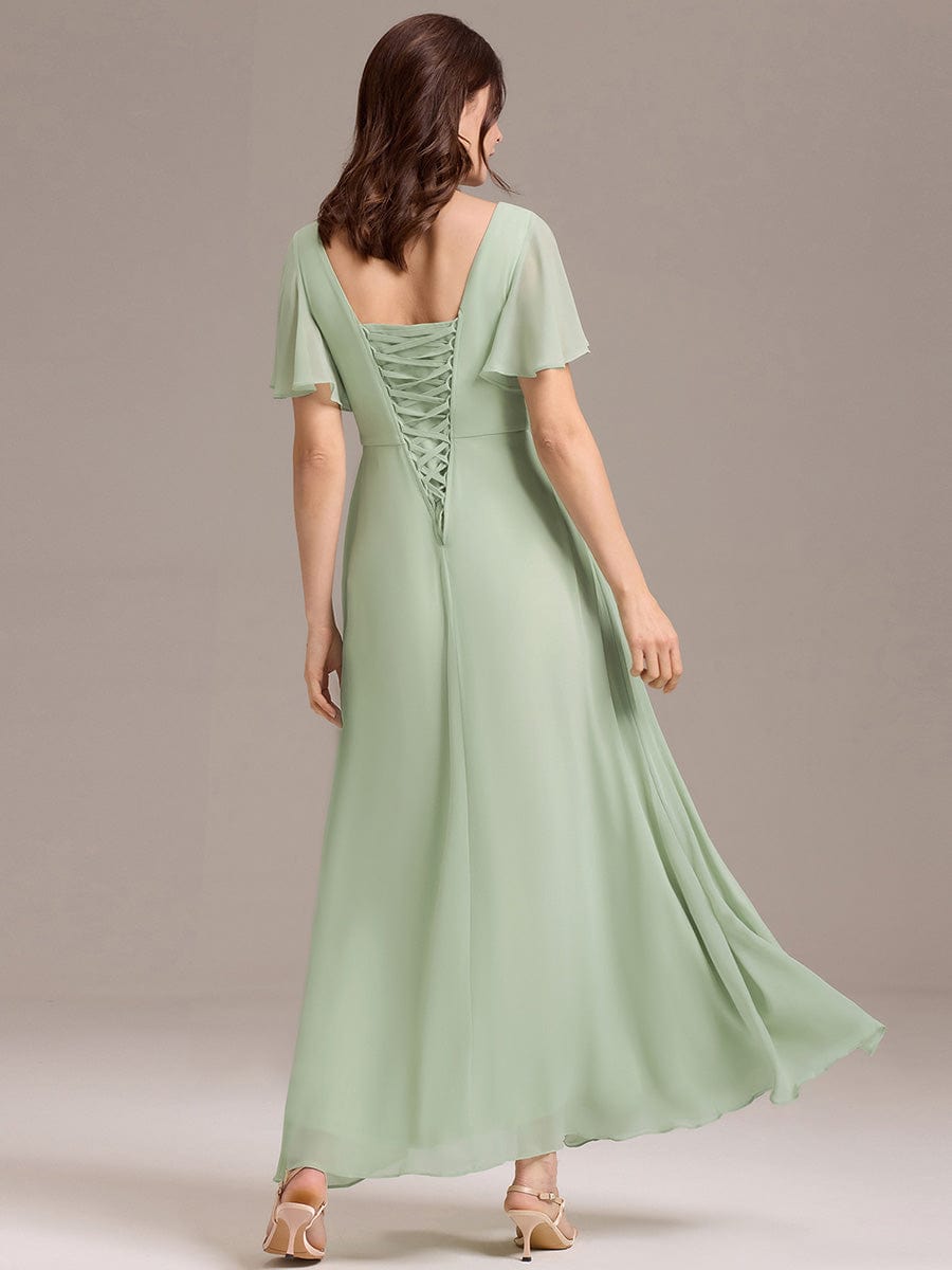 V-neck Lace-up Back Chiffon Maxi Bridesmaid Dress #color_Mint Green