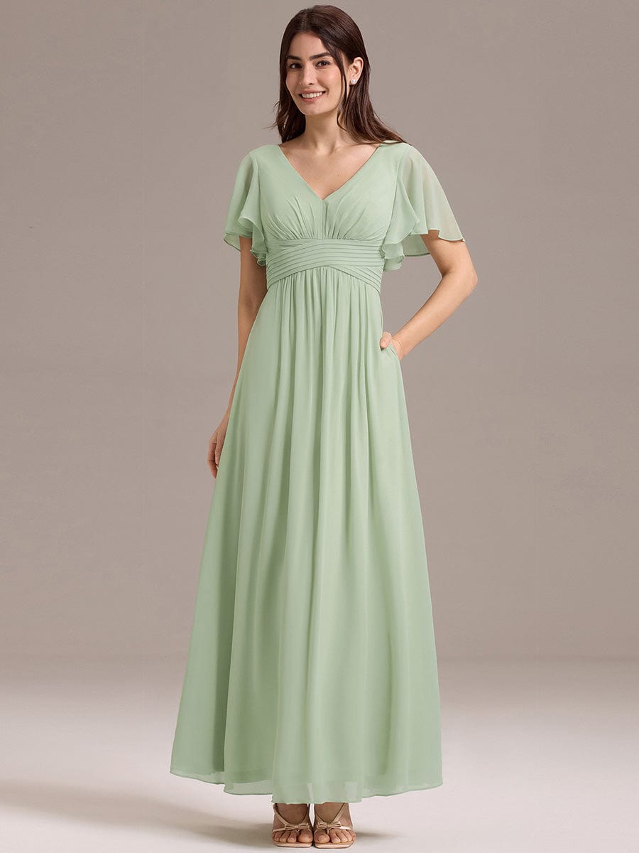 V-neck Lace-up Back Chiffon Maxi Bridesmaid Dress #color_Mint Green