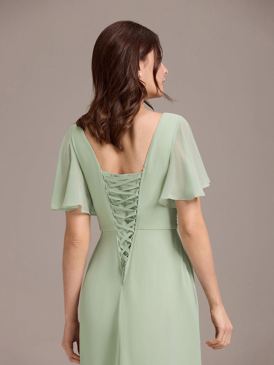 V-neck Lace-up Back Chiffon Maxi Bridesmaid Dress #color_Mint Green