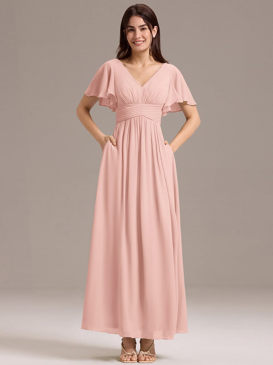 V-neck Lace-up Back Chiffon Maxi Bridesmaid Dress #color_Pink