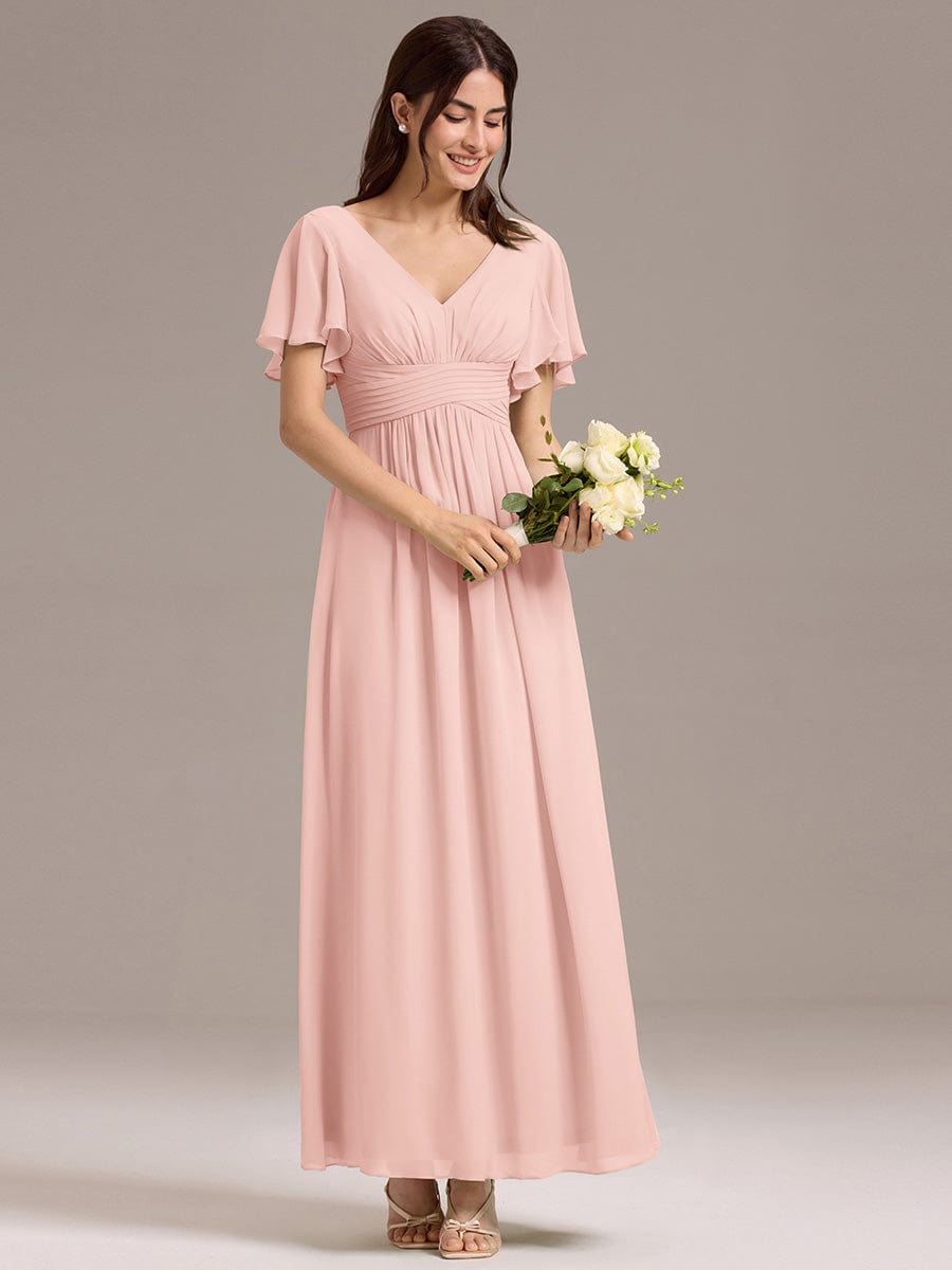 V-neck Lace-up Back Chiffon Maxi Bridesmaid Dress #color_Pink