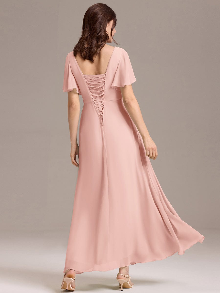 V-neck Lace-up Back Chiffon Maxi Bridesmaid Dress #color_Pink