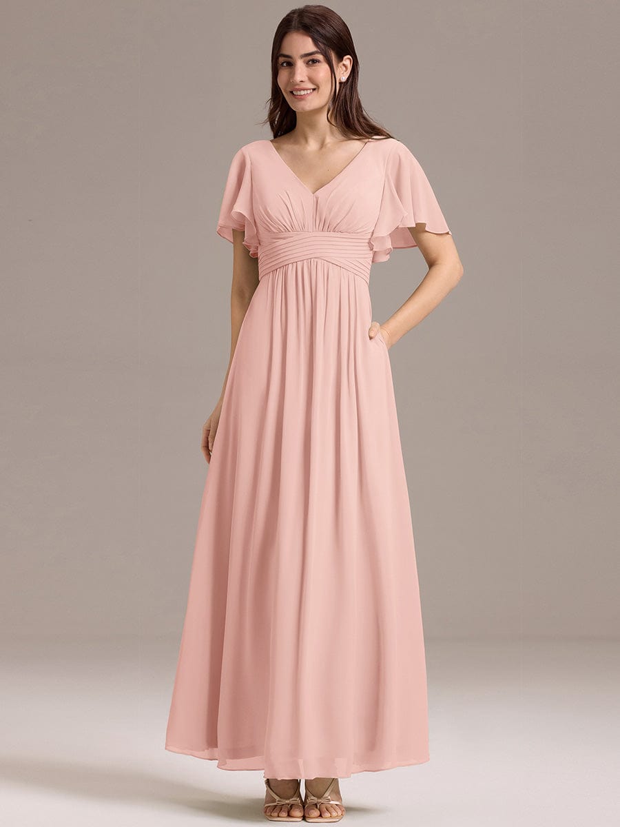 V-neck Lace-up Back Chiffon Maxi Bridesmaid Dress #color_Pink