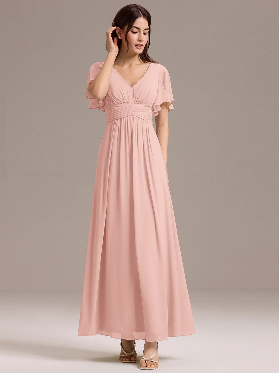 V-neck Lace-up Back Chiffon Maxi Bridesmaid Dress #color_Pink