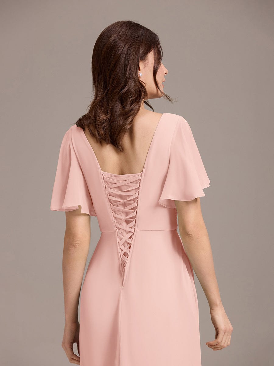 V-neck Lace-up Back Chiffon Maxi Bridesmaid Dress #color_Pink