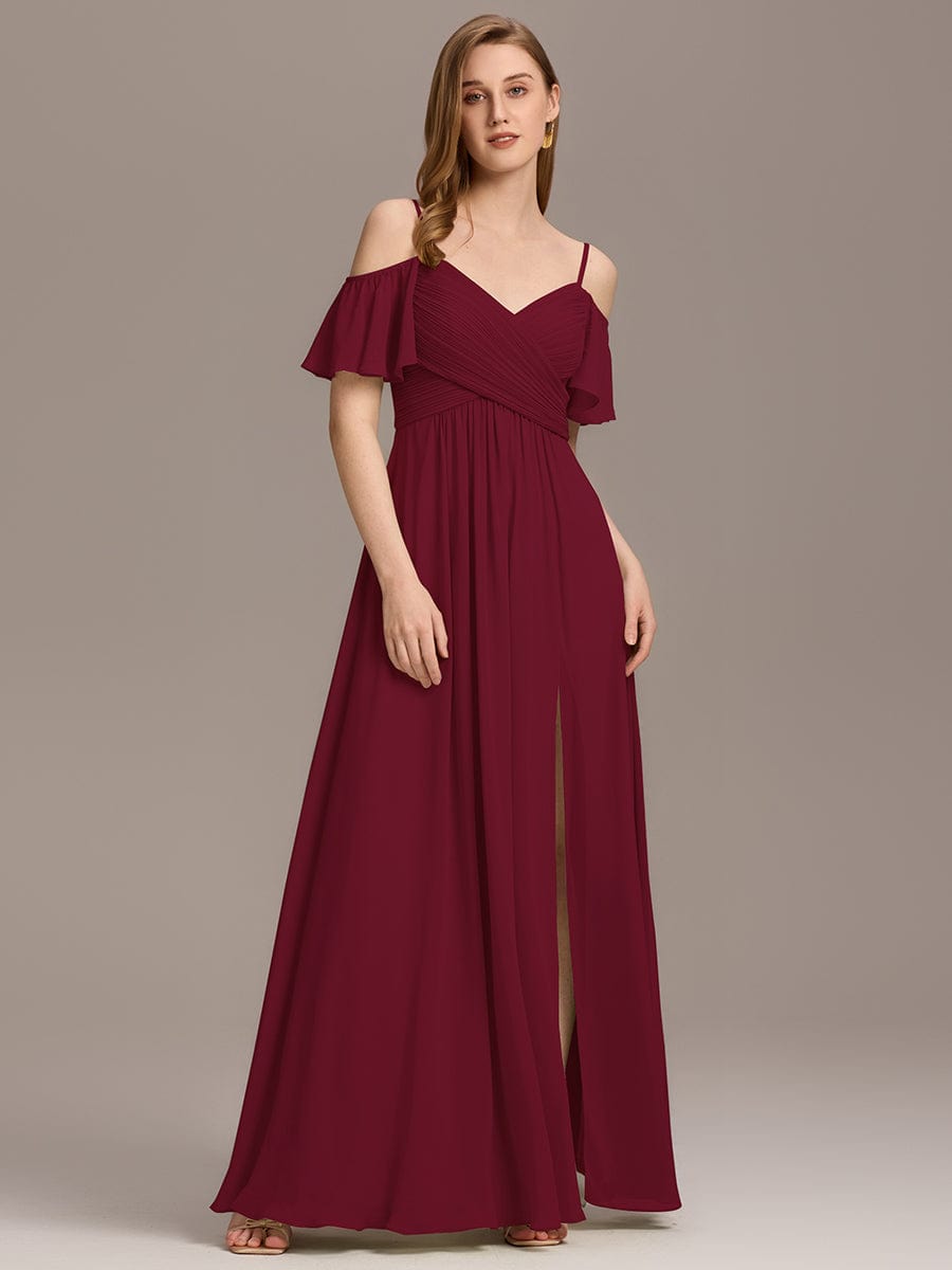 Off-Shoulder Ruched High Split Bridesmaid Dress #color_Burgundy
