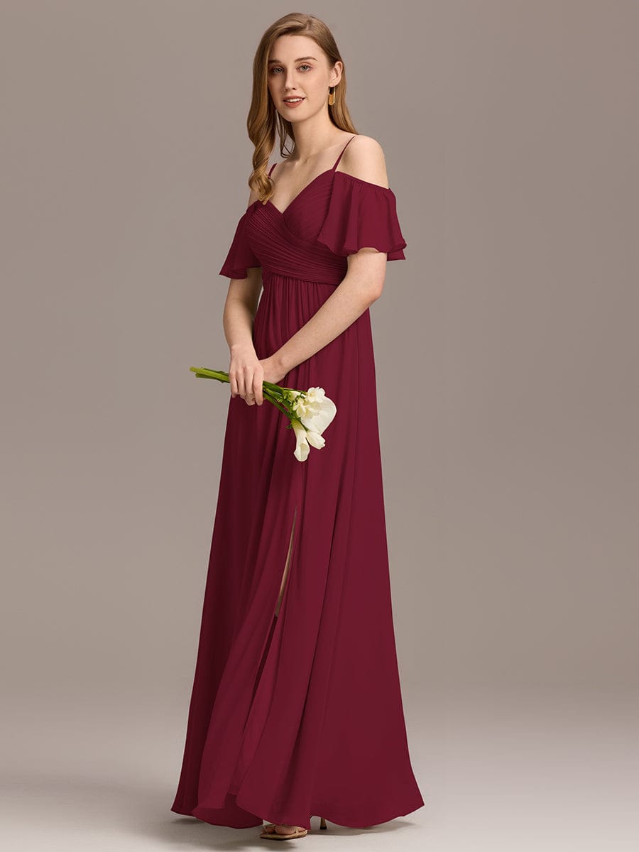 Off-Shoulder Ruched High Split Bridesmaid Dress #color_Burgundy
