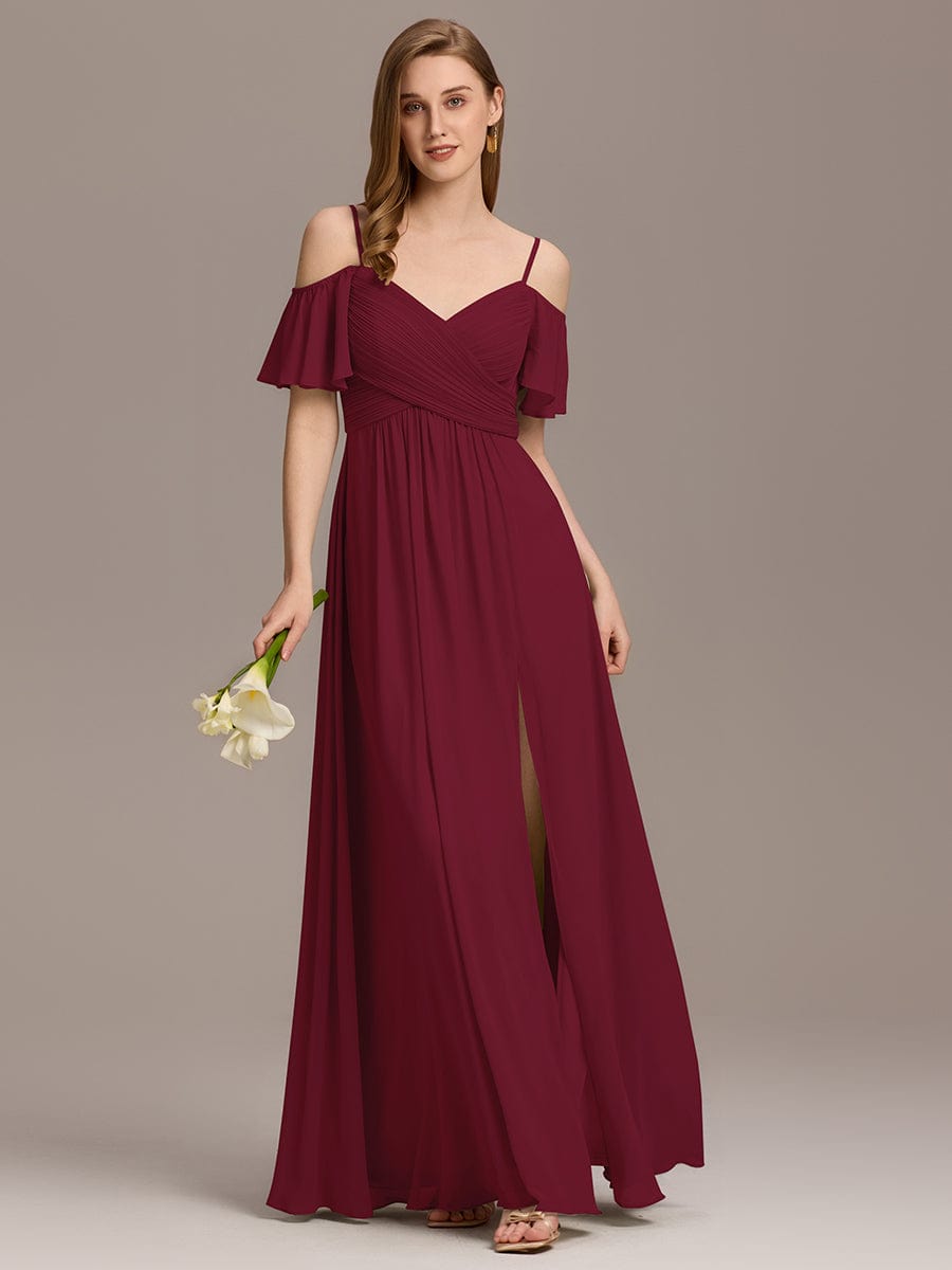 Off-Shoulder Ruched High Split Bridesmaid Dress #color_Burgundy