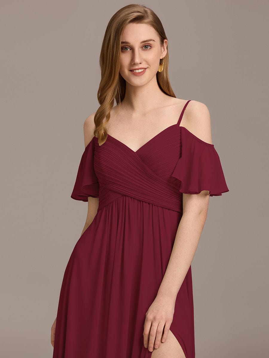 Off-Shoulder Ruched High Split Bridesmaid Dress #color_Burgundy
