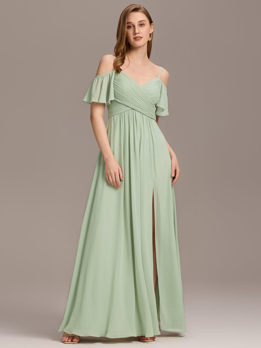 Off-Shoulder Ruched High Split Bridesmaid Dress #color_Mint Green