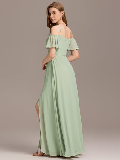 Off-Shoulder Ruched High Split Bridesmaid Dress #color_Mint Green