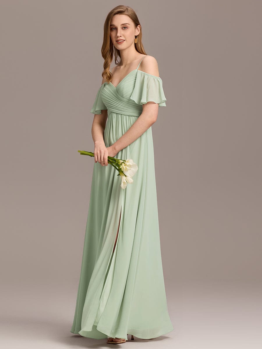 Off-Shoulder Ruched High Split Bridesmaid Dress #color_Mint Green