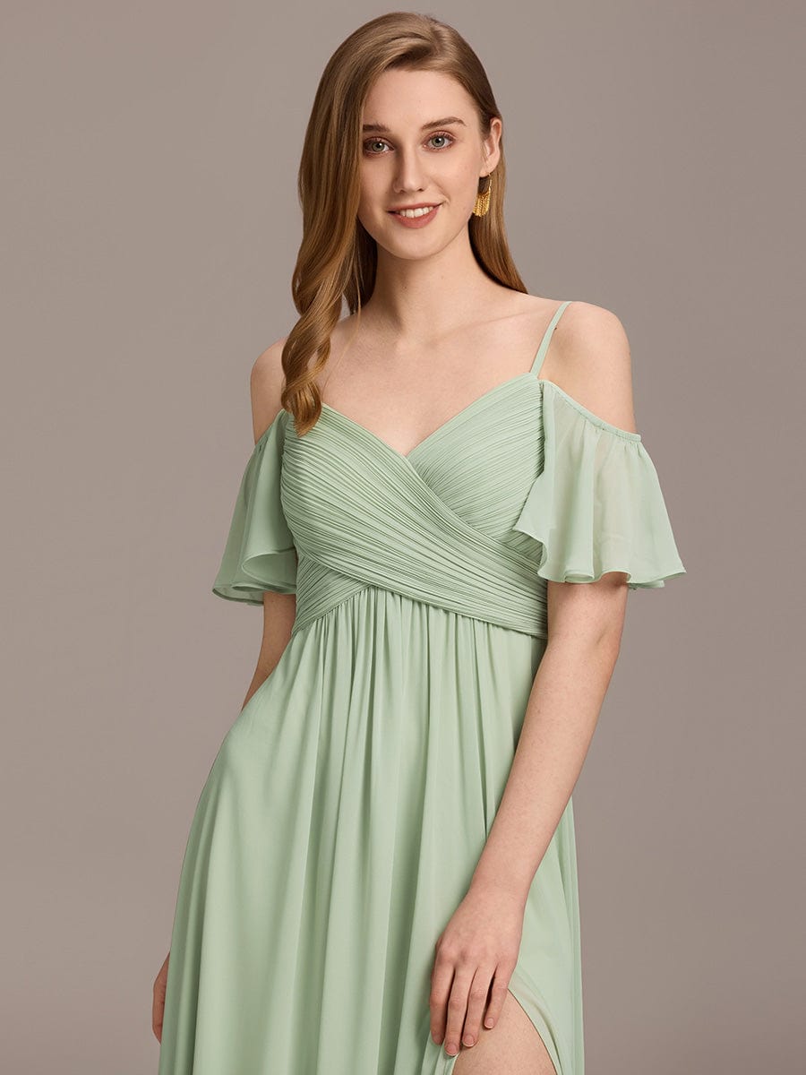 Off-Shoulder Ruched High Split Bridesmaid Dress #color_Mint Green