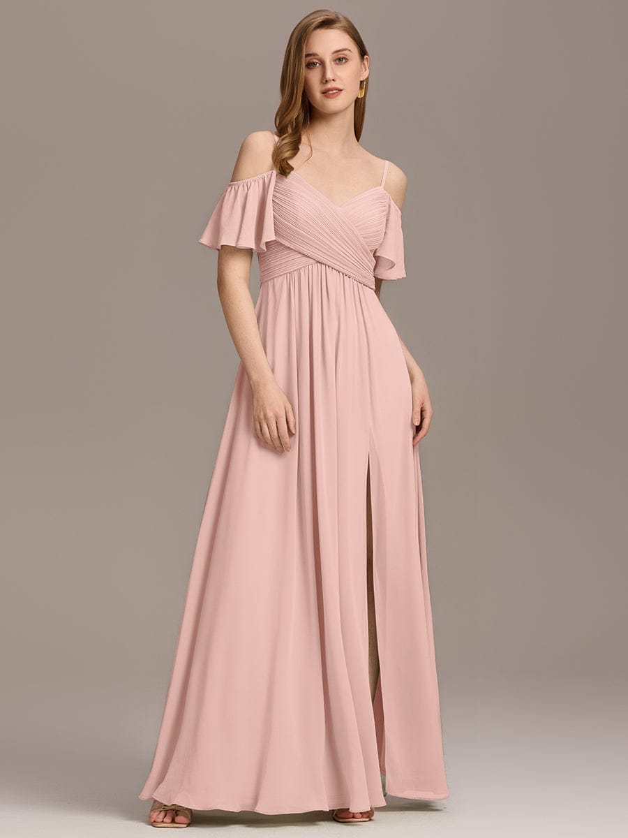 Off-Shoulder Ruched High Split Bridesmaid Dress #color_Pink
