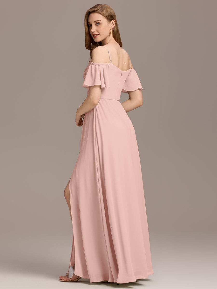 Off-Shoulder Ruched High Split Bridesmaid Dress #color_Pink