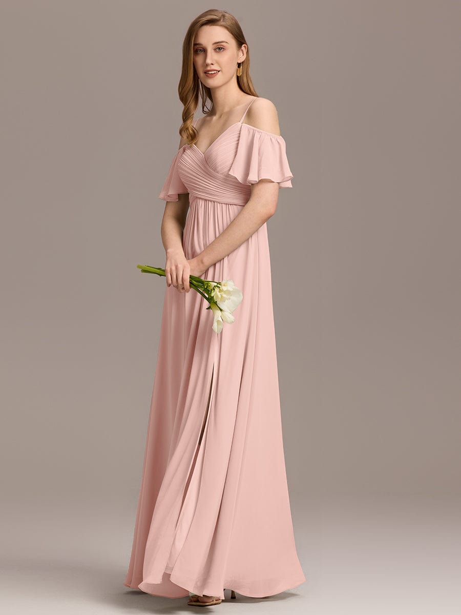 Off-Shoulder Ruched High Split Bridesmaid Dress #color_Pink