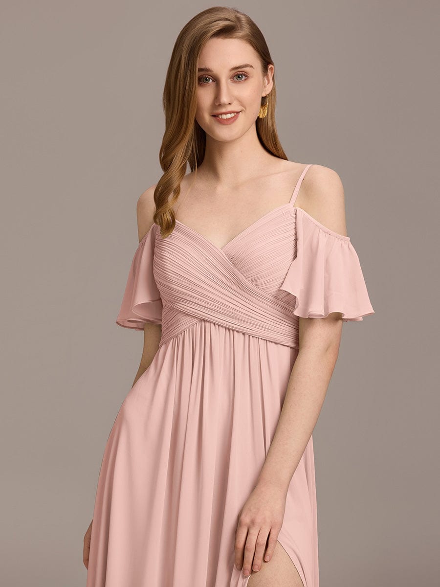 Off-Shoulder Ruched High Split Bridesmaid Dress #color_Pink