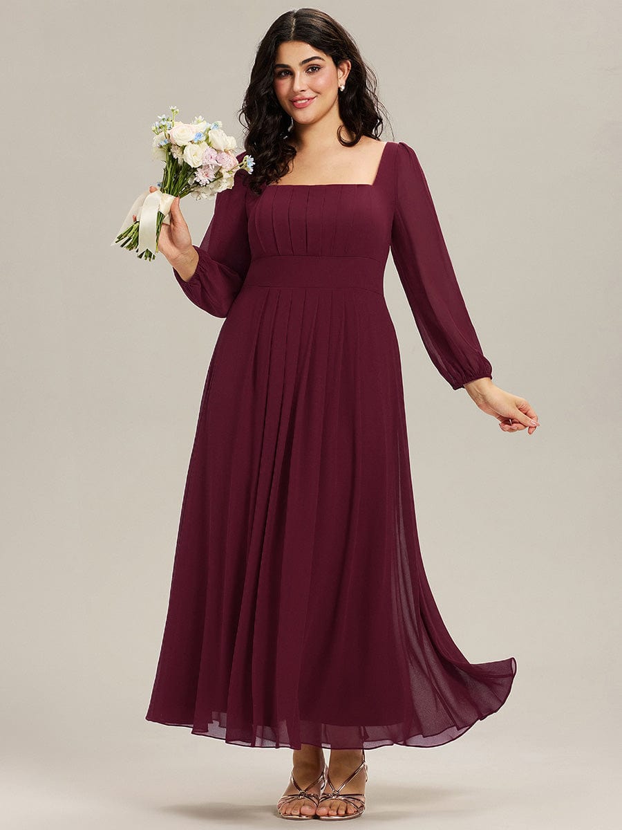 See-through Chiffon Lantern Sleeve Bridesmaid Dress #color_Burgundy