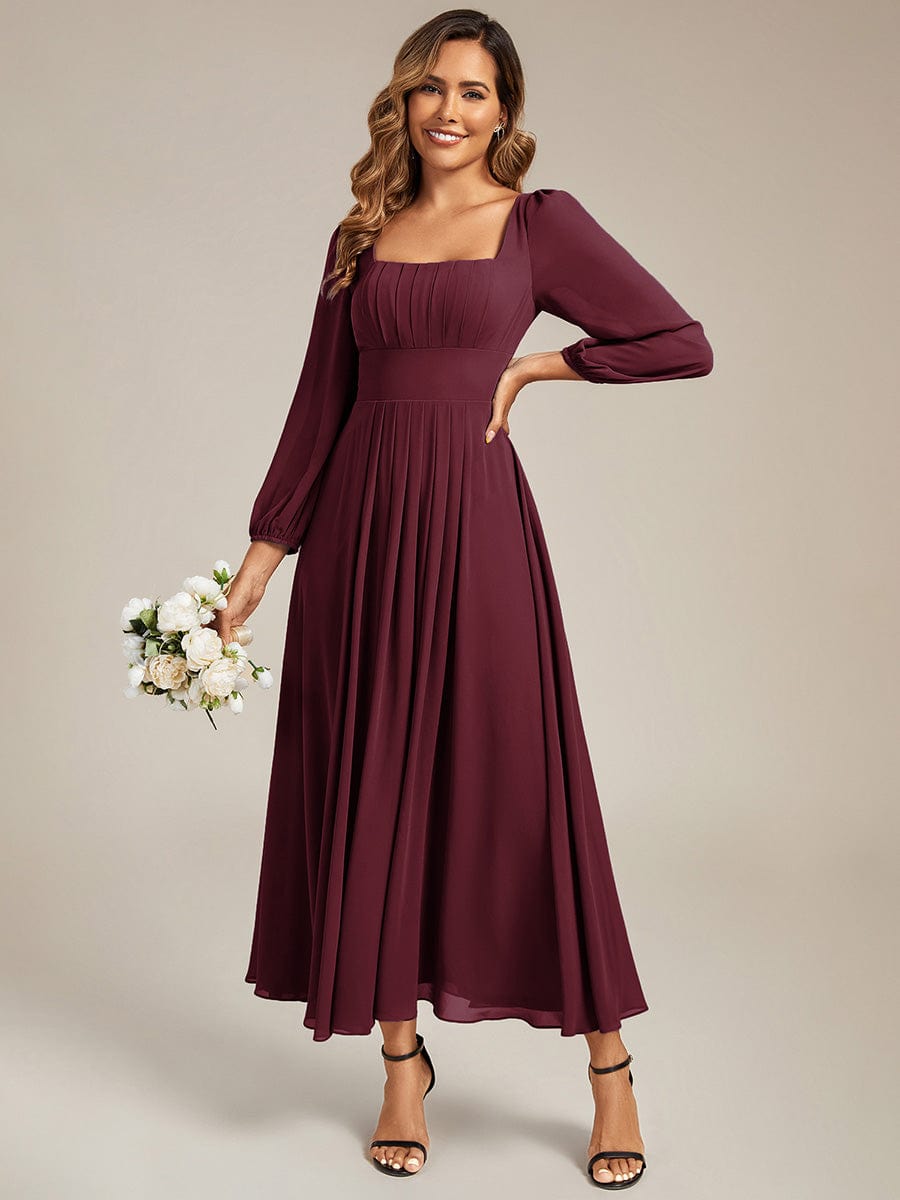 See-through Chiffon Lantern Sleeve Bridesmaid Dress #color_Burgundy