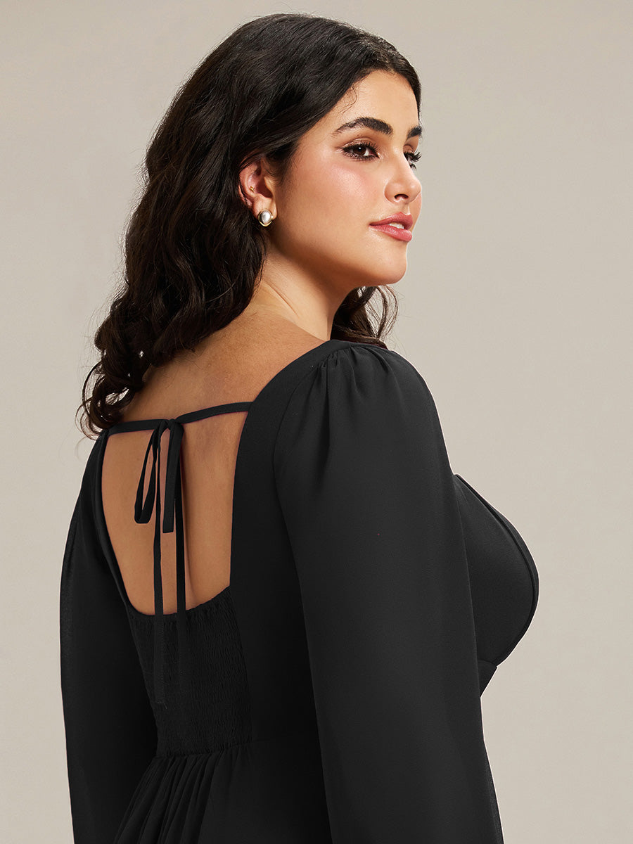 See-through Chiffon Lantern Sleeve Bridesmaid Dress #color_Black
