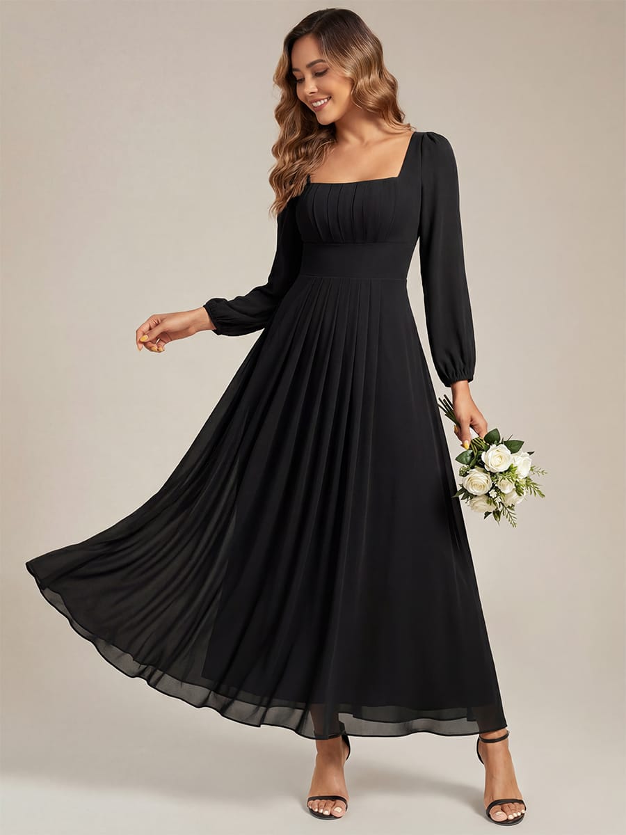 See-through Chiffon Lantern Sleeve Bridesmaid Dress #color_Black