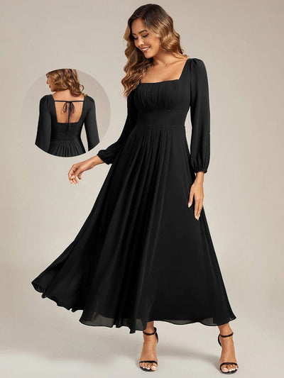 See-through Chiffon Lantern Sleeve Bridesmaid Dress #color_Black
