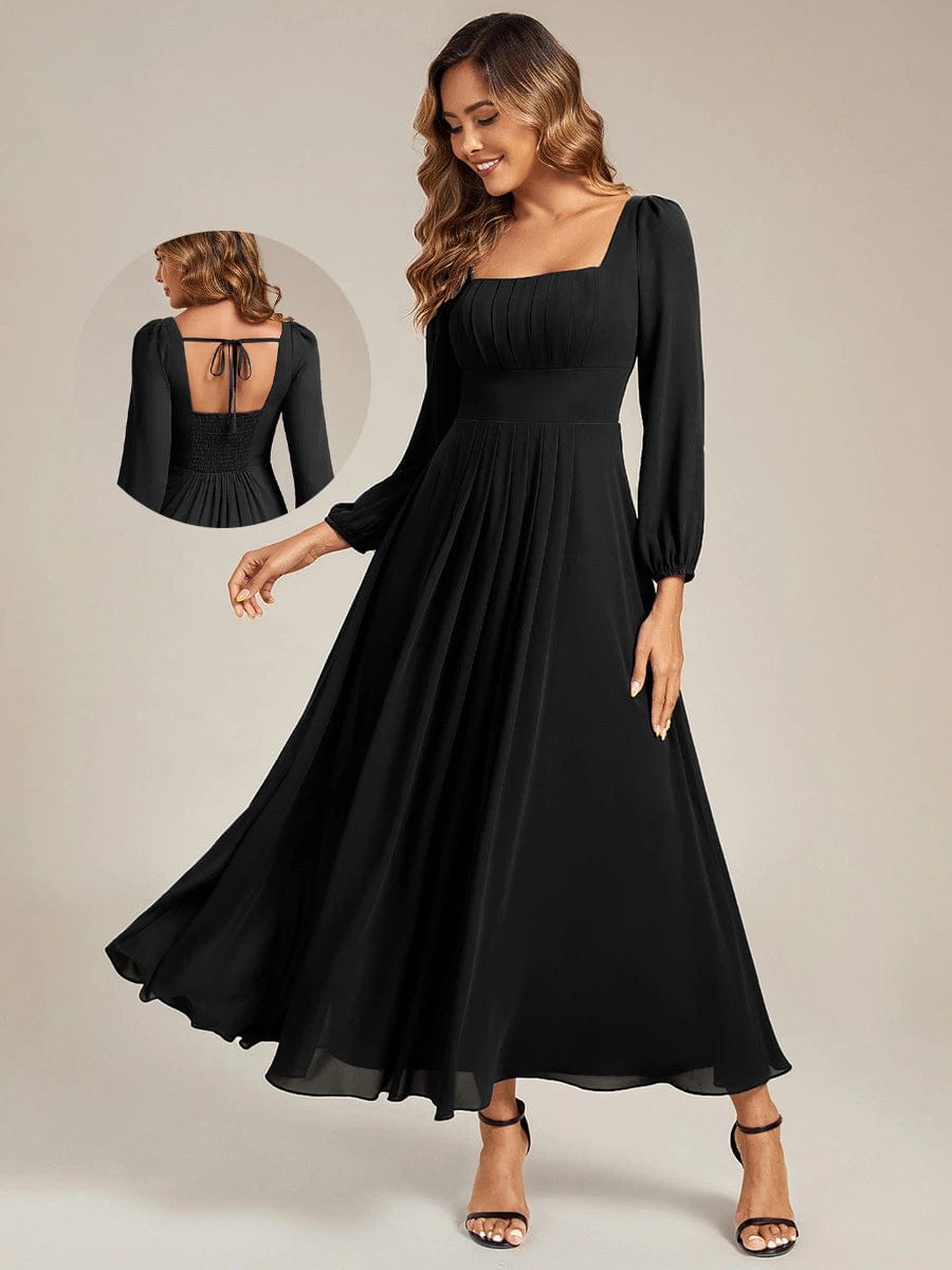 See-through Chiffon Lantern Sleeve Bridesmaid Dress #color_Black