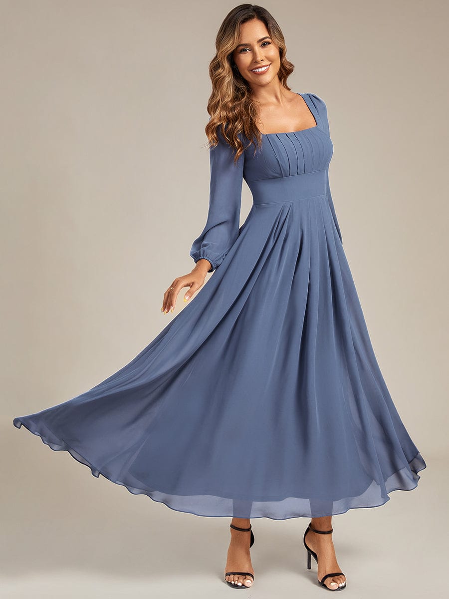 See-through Chiffon Lantern Sleeve Bridesmaid Dress #color_Dusty Blue