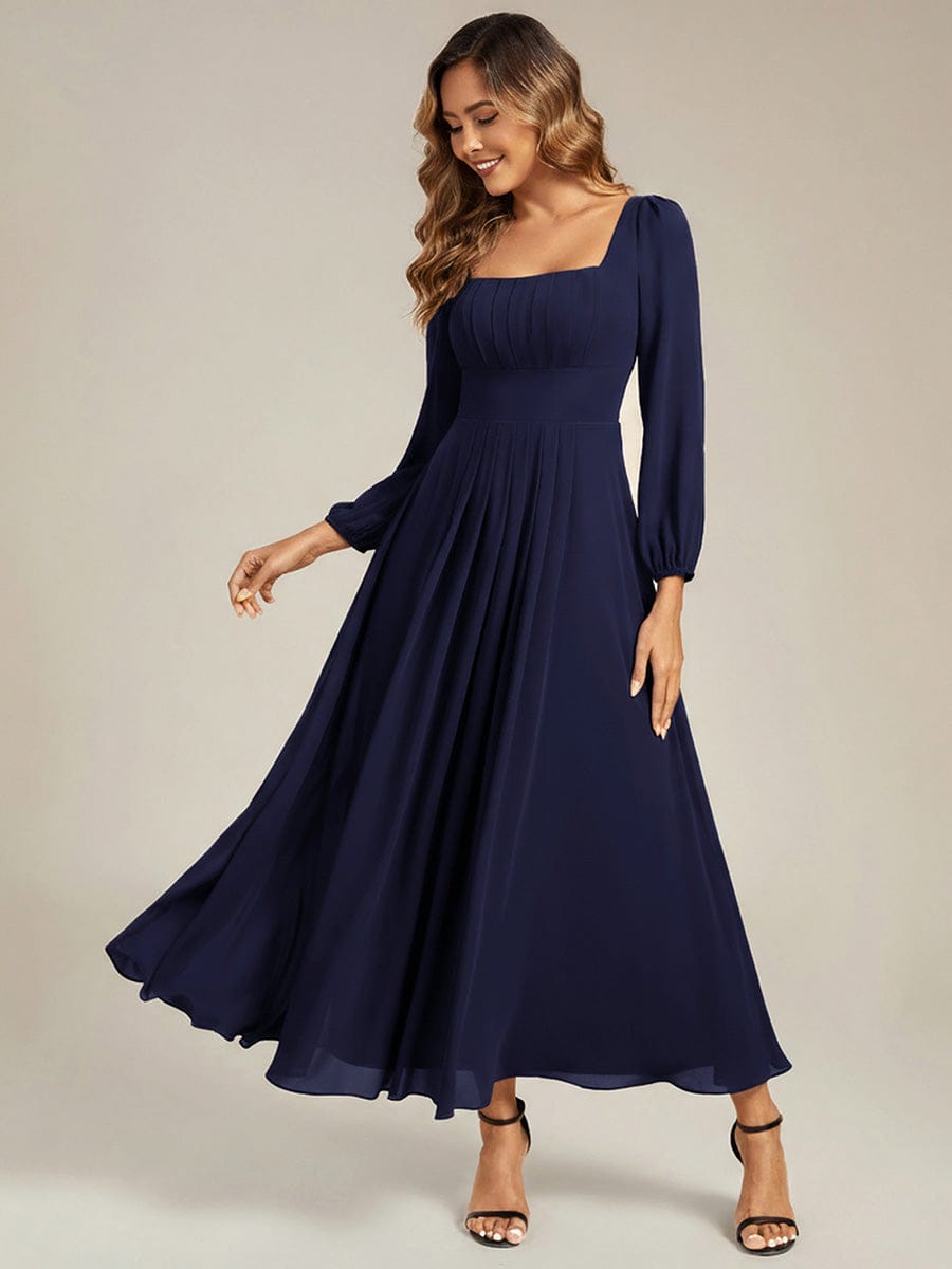 See-through Chiffon Lantern Sleeve Bridesmaid Dress #color_Navy Blue